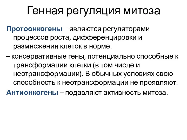 Генная регуляция митоза Протоонкогены – являются регуляторами процессов роста, дифференцировки