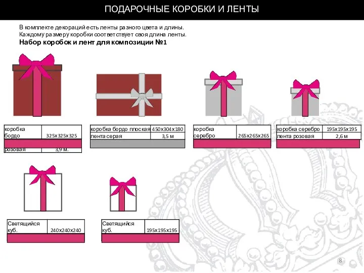 ПОДАРОЧНЫЕ КОРОБКИ И ЛЕНТЫ В комплекте декораций есть ленты разного