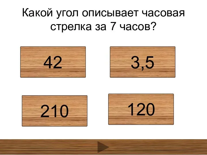 Какой угол описывает часовая стрелка за 7 часов? 42 3,5 210 120