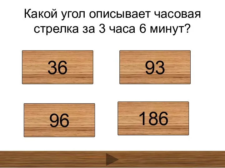 Какой угол описывает часовая стрелка за 3 часа 6 минут? 36 93 96 186