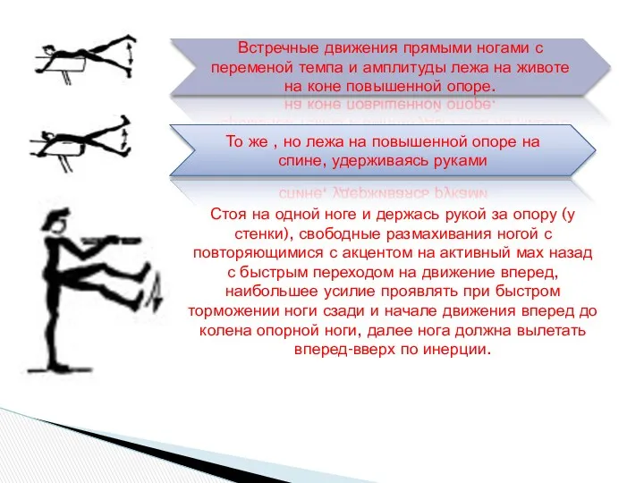 Встречные движения прямыми ногами с переменой темпа и амплитуды лежа