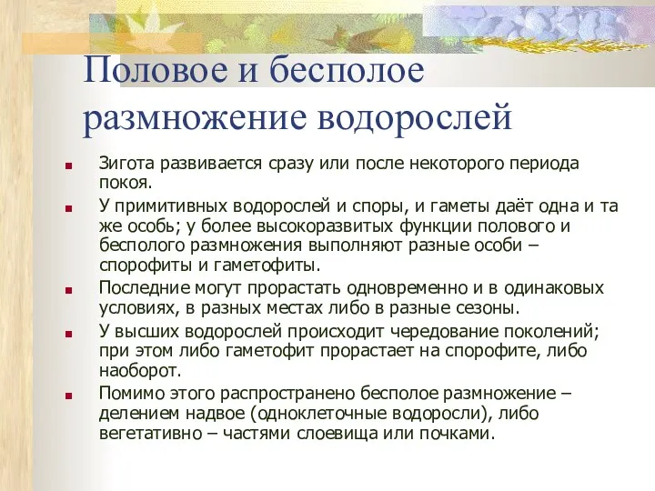 Половое и бесполое размножение водорослей Зигота развивается сразу или после