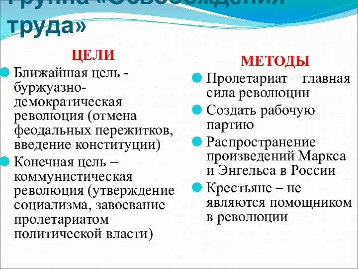 Группа «Освобождения труда» ЦЕЛИ Ближайшая цель - буржуазно-демократическая революция (отмена