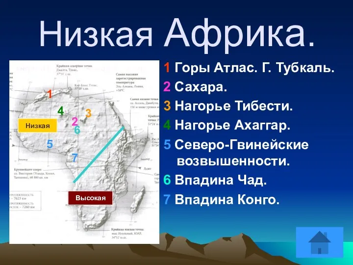 Низкая Африка. 1 Горы Атлас. Г. Тубкаль. 2 Сахара. 3