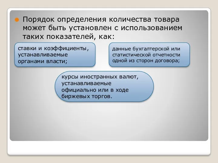 Порядок определения количества товара может быть установлен с использованием таких показателей, как: ставки