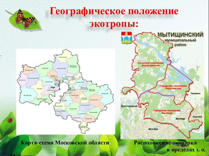 Географическое положение экотропы: Карта-схема Московской области Расположение экопарка в пределах г. о. Мытищи