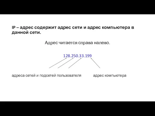 IP – адрес содержит адрес сети и адрес компьютера в