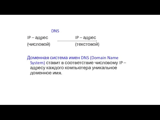 DNS IP – адрес IP – адрес (числовой) (текстовой) Доменная