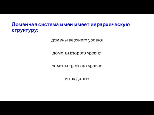 Доменная система имен имеет иерархическую структуру: домены верхнего уровня домены