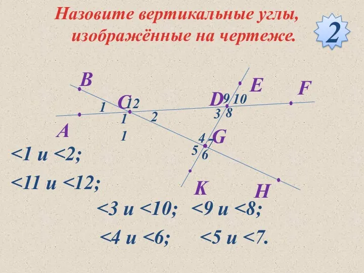 Назовите вертикальные углы, изображённые на чертеже. 2 1 2 3