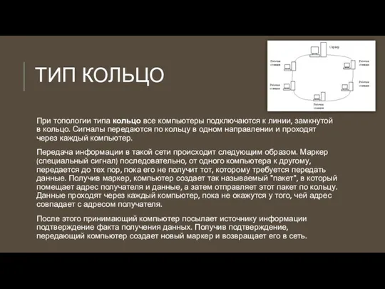 ТИП КОЛЬЦО При топологии типа кольцо все компьютеры подключаются к