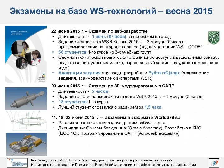 Экзамены на базе WS-технологий – весна 2015 http://www.worldskills.ru/media/news/6447/ 22 июня 2015 г. –