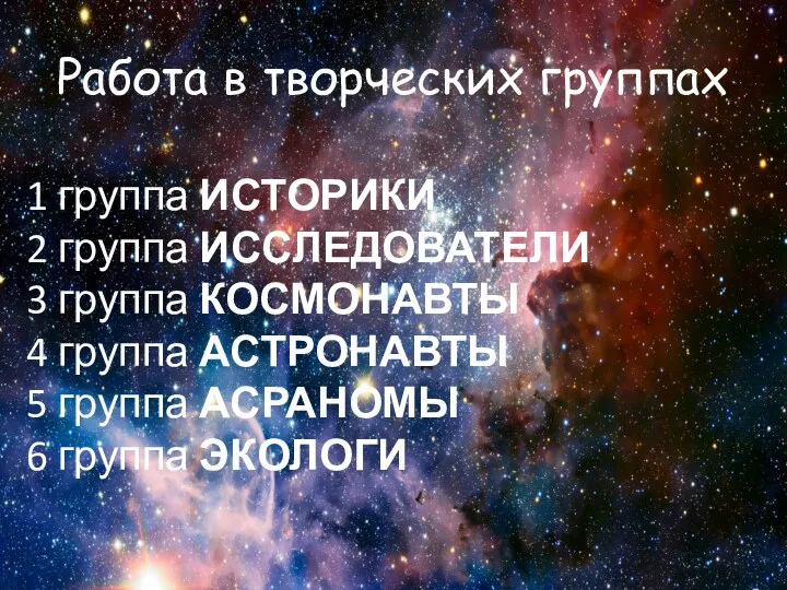 1 группа ИСТОРИКИ 2 группа ИССЛЕДОВАТЕЛИ 3 группа КОСМОНАВТЫ 4