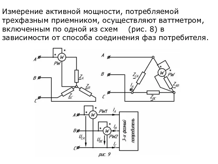 Измерение активной мощности, потребляемой трехфазным приемником, осуществляют ваттметром, включенным по