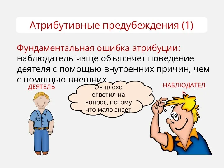 Атрибутивные предубеждения (1) Фундаментальная ошибка атрибуции: наблюдатель чаще объясняет поведение