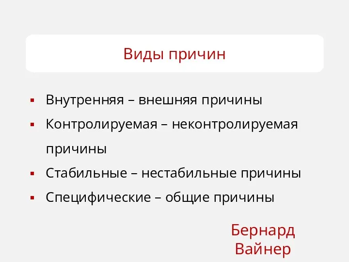 Виды причин Бернард Вайнер Внутренняя – внешняя причины Контролируемая –