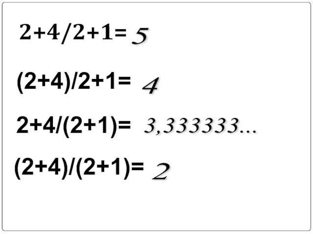 2+4/2+1= (2+4)/2+1= 2+4/(2+1)= 5 4 3,333333... (2+4)/(2+1)= 2