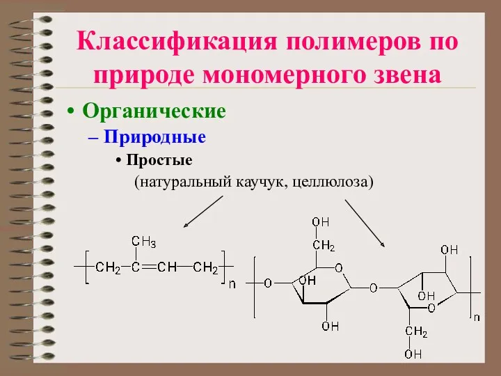 Классификация полимеров по природе мономерного звена Органические Природные Простые (натуральный каучук, целлюлоза)