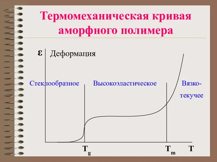 Термомеханическая кривая аморфного полимера Tg Tm T ε Стеклообразное Высокоэластическое Вязко- текучее Деформация