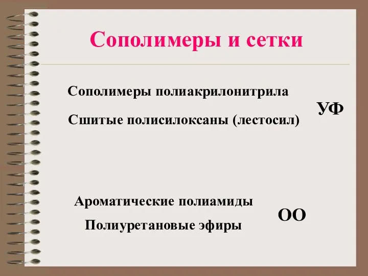 Сополимеры и сетки Сополимеры полиакрилонитрила Сшитые полисилоксаны (лестосил) УФ Ароматические полиамиды Полиуретановые эфиры ОО