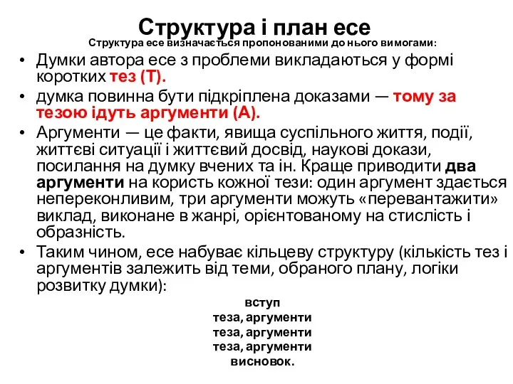 Структура і план есе Структура есе визначається пропонованими до нього