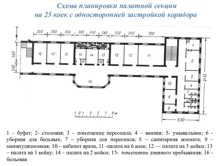 Схема планировки палатной секции на 25 коек с односторонней застройкой