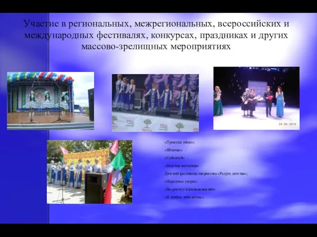 Участие в региональных, межрегиональных, всероссийских и международных фестивалях, конкурсах, праздниках