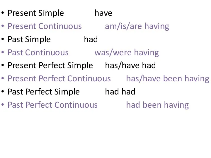 Present Simple have Present Continuous am/is/are having Past Simple had