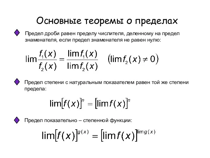 Основные теоремы о пределах Предел дроби равен пределу числителя, деленному