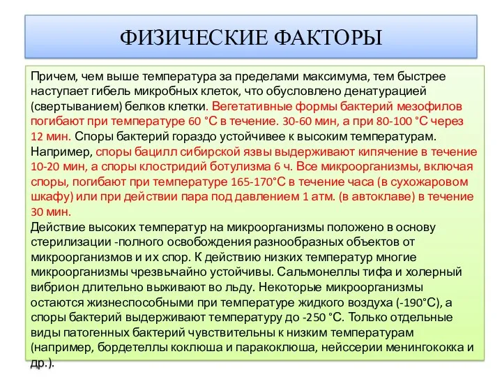 ФИЗИЧЕСКИЕ ФАКТОРЫ Причем, чем выше температура за пределами максимума, тем