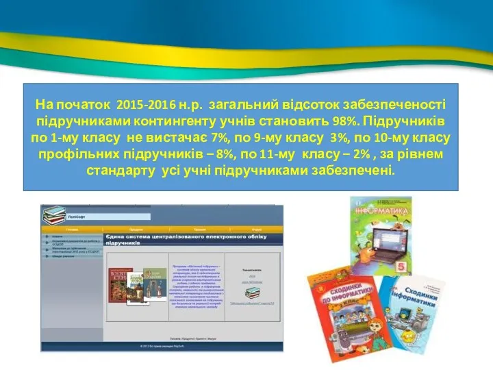 На початок 2015-2016 н.р. загальний відсоток забезпеченості підручниками контингенту учнів становить 98%. Підручників