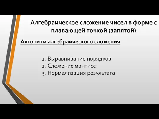 Алгебраическое сложение чисел в форме с плавающей точкой (запятой) Алгоритм