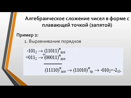 Алгебраическое сложение чисел в форме с плавающей точкой (запятой) Пример 2: 1. Выравнивание порядков