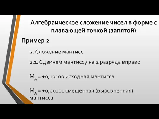 Алгебраическое сложение чисел в форме с плавающей точкой (запятой) Пример