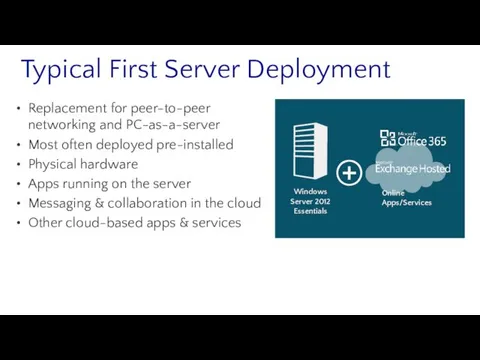 Typical First Server Deployment Replacement for peer-to-peer networking and PC-as-a-server