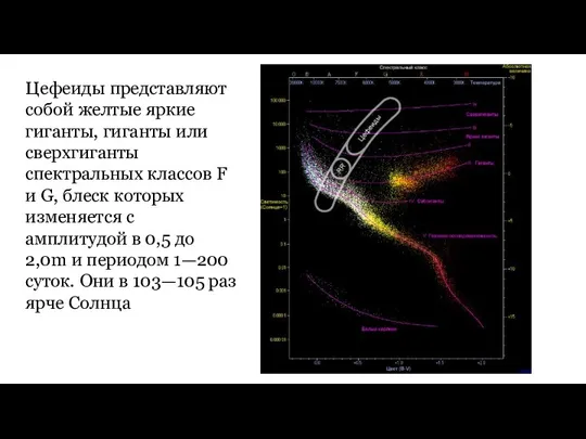 Цефеиды представляют собой желтые яркие гиганты, гиганты или сверхгиганты спектральных