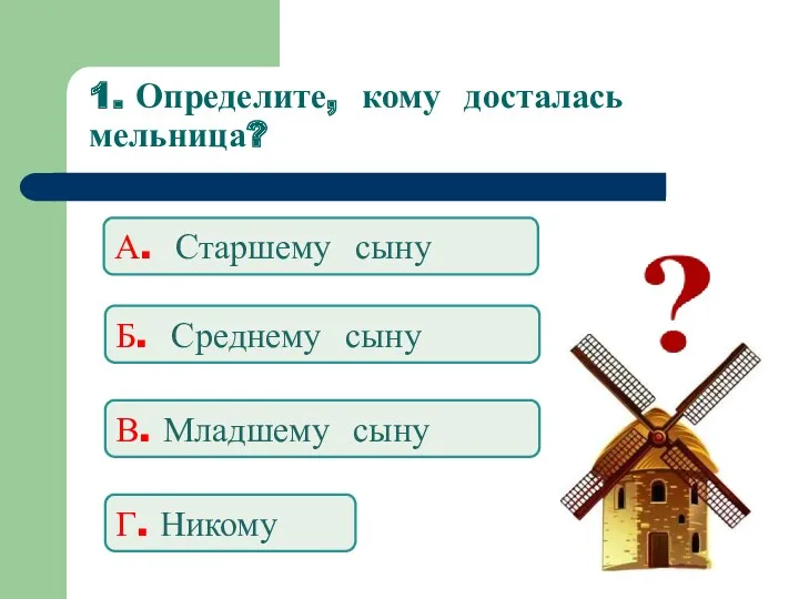 1. Определите, кому досталась мельница? А. Старшему сыну Б. Среднему сыну В. Младшему сыну Г. Никому