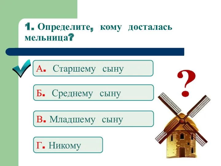 1. Определите, кому досталась мельница? А. Старшему сыну Б. Среднему сыну В. Младшему сыну Г. Никому