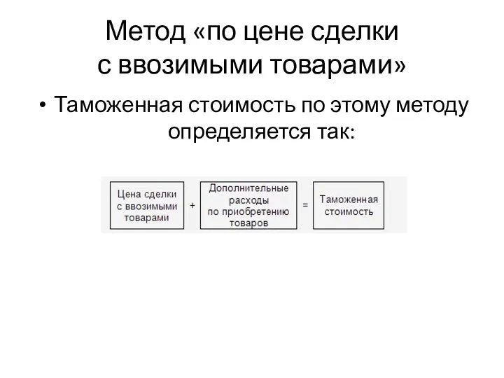 Метод «по цене сделки с ввозимыми товарами» Таможенная стоимость по этому методу определяется так: