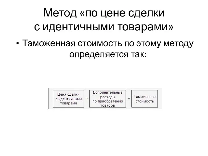 Метод «по цене сделки с идентичными товарами» Таможенная стоимость по этому методу определяется так: