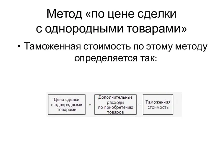 Метод «по цене сделки с однородными товарами» Таможенная стоимость по этому методу определяется так: