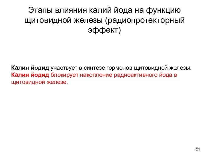 Этапы влияния калий йода на функцию щитовидной железы (радиопротекторный эффект) Калия йодид участвует