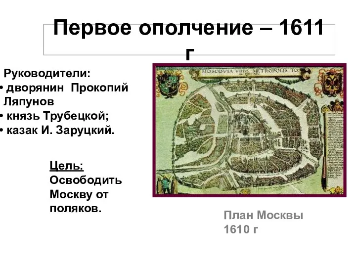 Первое ополчение – 1611 г План Москвы 1610 г Руководители: