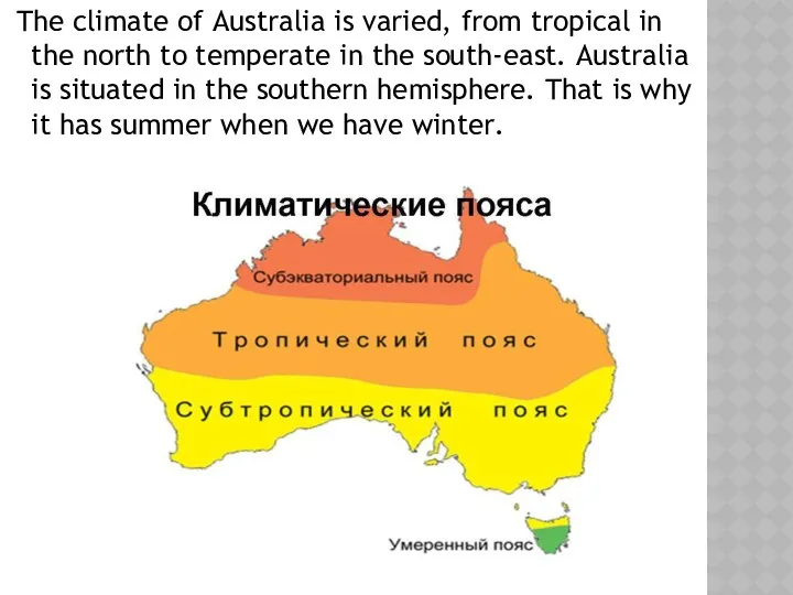 The climate of Australia is varied, from tropical in the