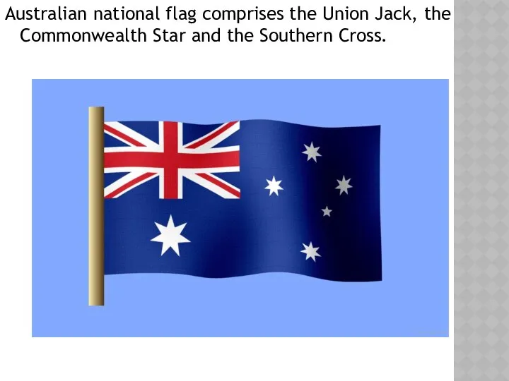 Australian national flag comprises the Union Jack, the Commonwealth Star and the Southern Cross.