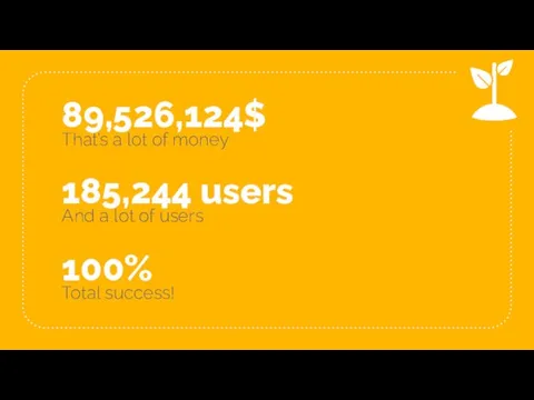 89,526,124$ That’s a lot of money 100% Total success! 185,244 users And a lot of users