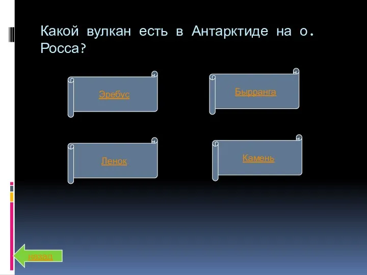 Какой вулкан есть в Антарктиде на о. Росса? Эребус Ленок Камень Бырранга назад