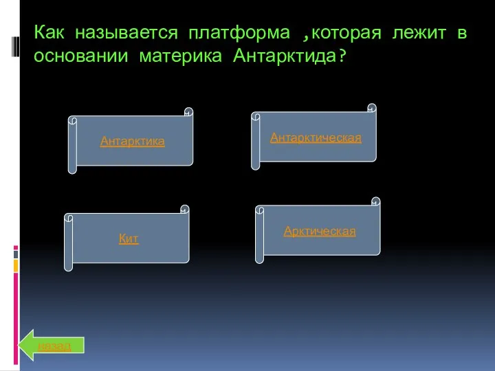 Как называется платформа ,которая лежит в основании материка Антарктида? Антарктика Кит Арктическая Антарктическая назад