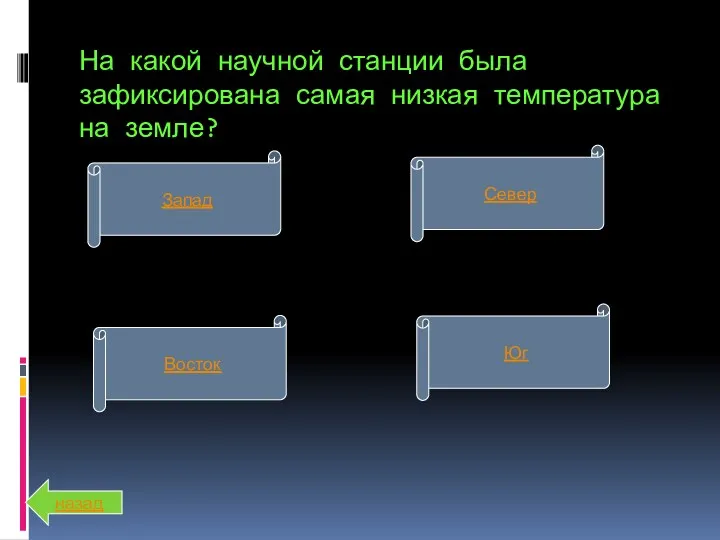 На какой научной станции была зафиксирована самая низкая температура на земле? Запад Восток Юг Север назад