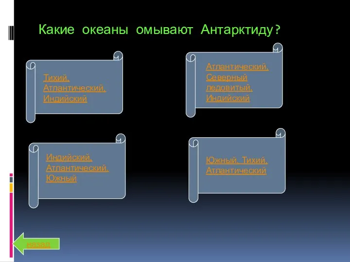 Какие океаны омывают Антарктиду? Тихий, Атлантический, Индийский Атлантический, Северный ледовитый,